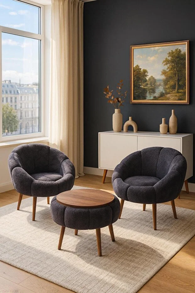 LİDA Antrasit Wellsoft Peluş Kumaş İkili Berjer Seti ÖZEL SEHPALI (Salon, Balkon, Ofis)